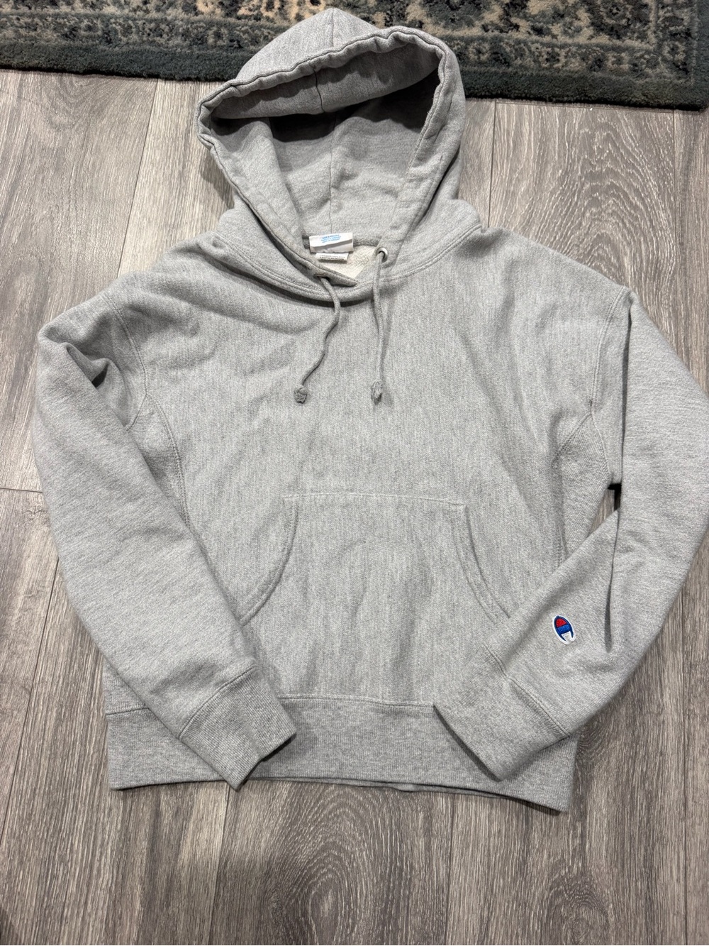 Champion Light Gray Crewneck Hoodie with Small Sleeve Logo